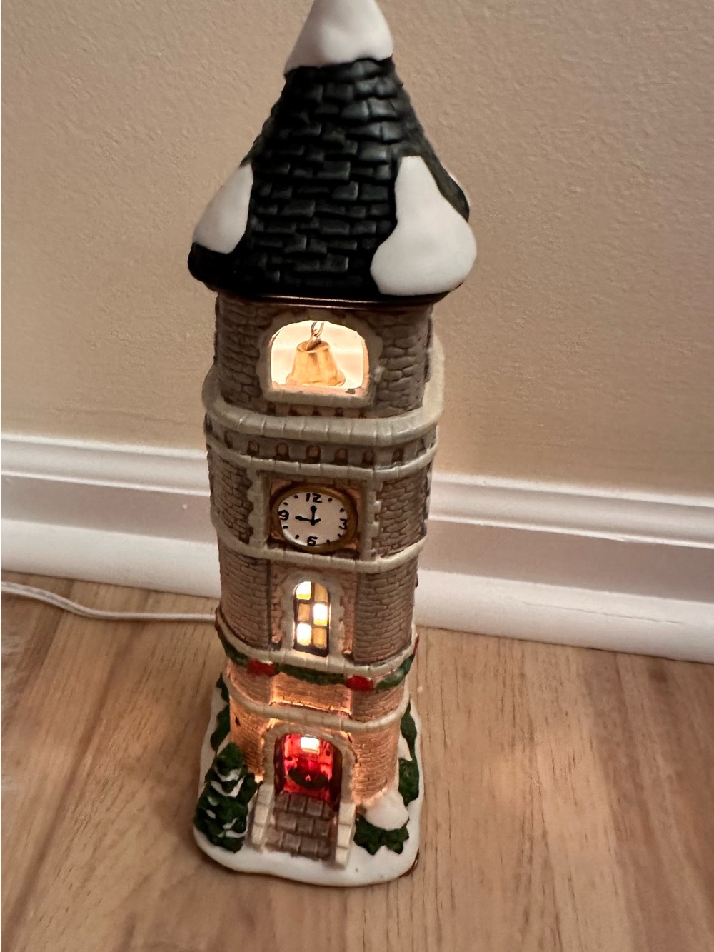 St. Nicholas Square Red and White Illuminated Clock Tower Village Piece